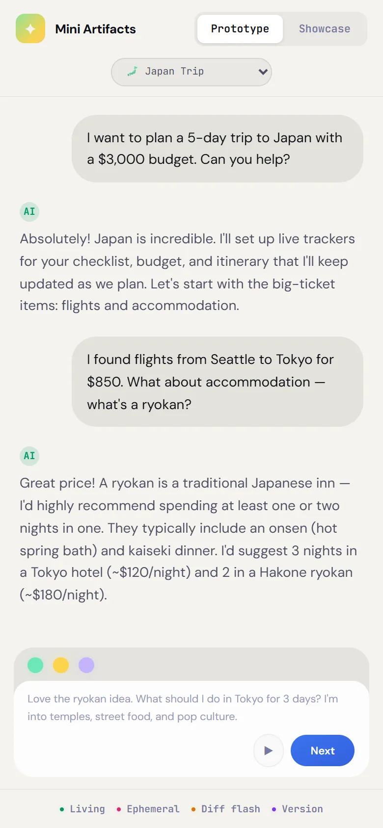 Mobile chat view with card indicator dots